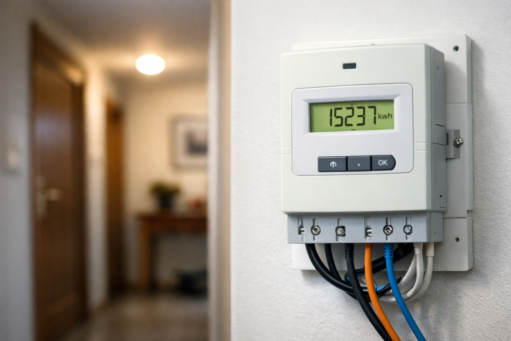 Compteur électrique numérique installé sur un mur intérieur avec câbles apparents
