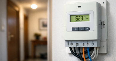 Compteur électrique numérique installé sur un mur intérieur avec câbles apparents