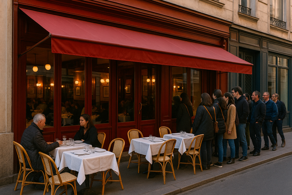 Façade d’un restaurant traditionnel avec terrasse, tables dressées et file de clients attendant sur un trottoir urbain en fin de journée