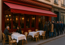 Façade d’un restaurant traditionnel avec terrasse, tables dressées et file de clients attendant sur un trottoir urbain en fin de journée