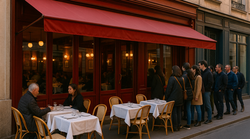 Façade d’un restaurant traditionnel avec terrasse, tables dressées et file de clients attendant sur un trottoir urbain en fin de journée