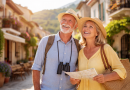 Deux retraités heureux en promenade dans un lieu de vacances charmant