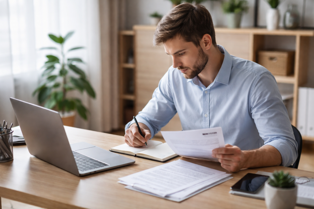 Personne concentrée préparant un entretien d’embauche à un bureau avec ordinateur et documents