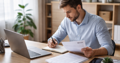 Personne concentrée préparant un entretien d’embauche à un bureau avec ordinateur et documents