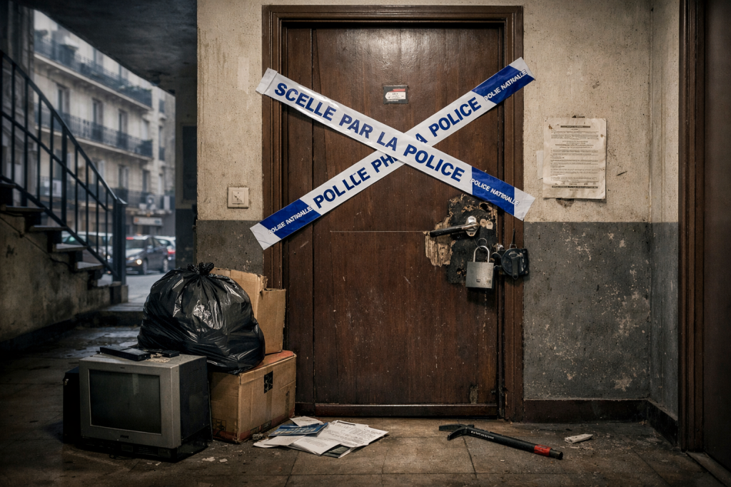 Porte d’un logement fermée et sécurisée dans un immeuble urbain français, illustrant l’occupation illégale et les sanctions prévues par la loi.