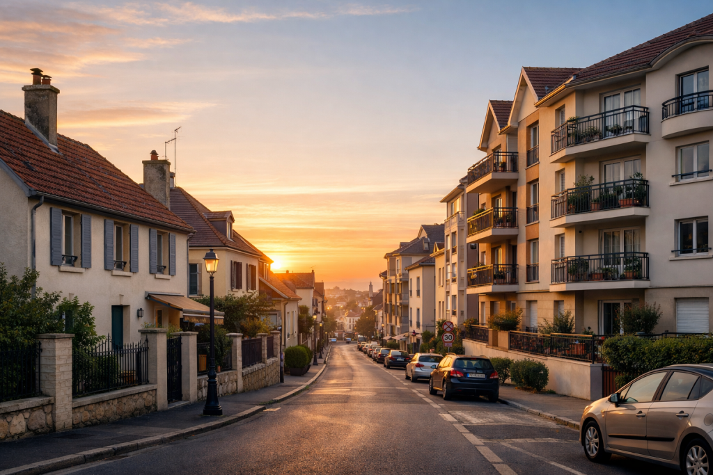 Vue de maisons et immeubles résidentiels d’un quartier ordinaire au lever du jour.