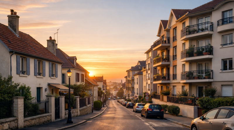 Vue de maisons et immeubles résidentiels d’un quartier ordinaire au lever du jour.