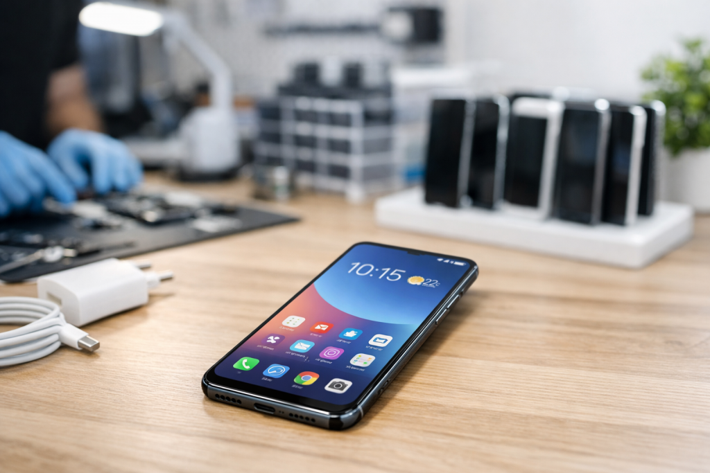 Smartphone reconditionné posé sur une table en bois clair, écran allumé, aspect propre et fonctionnel, environnement de réparation électronique en arrière-plan