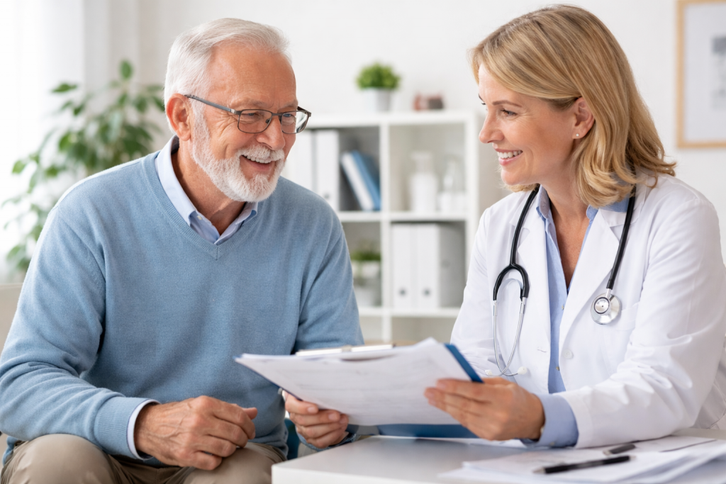 Un senior souriant en consultation médicale avec un professionnel de santé