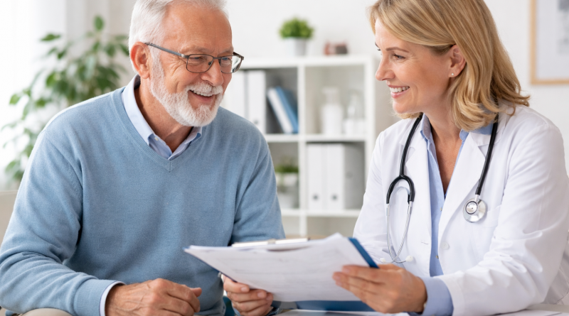 Un senior souriant en consultation médicale avec un professionnel de santé