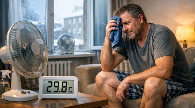 Homme assis dans un salon, visiblement en surchauffe, s’essuyant le front avec une serviette alors qu’un thermomètre affiche près de 30 degrés, avec un ventilateur allumé à proximité.