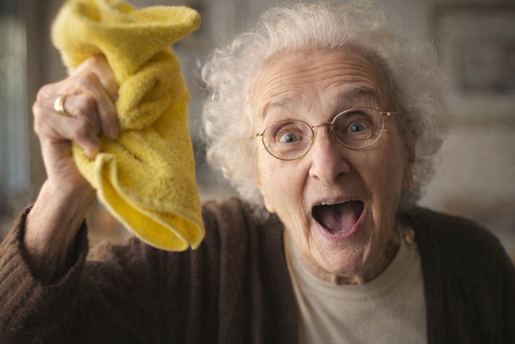 Femme âgée souriante brandissant un chiffon jaune, en train de faire le ménage à l’intérieur d’une maison.