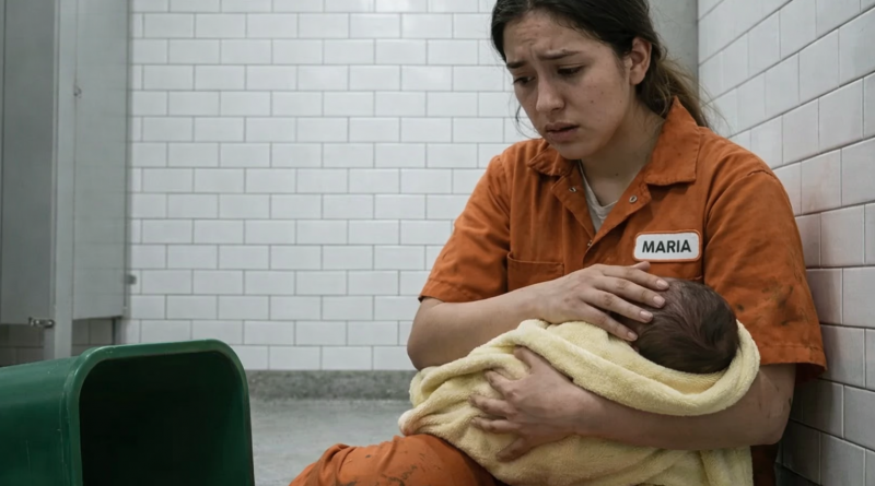 Jeune femme assise au sol dans une pièce carrelée, tenant un nouveau-né emmailloté contre elle, avec une poubelle à proximité, dans une atmosphère tendue et dramatique.