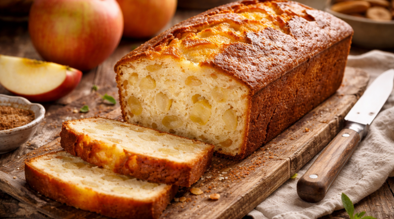 Cake aux pommes doré et moelleux, coupé en tranches sur une planche en bois, avec des morceaux de pommes visibles dans la mie, entouré de pommes fraîches et d’ustensiles de cuisine rustiques.