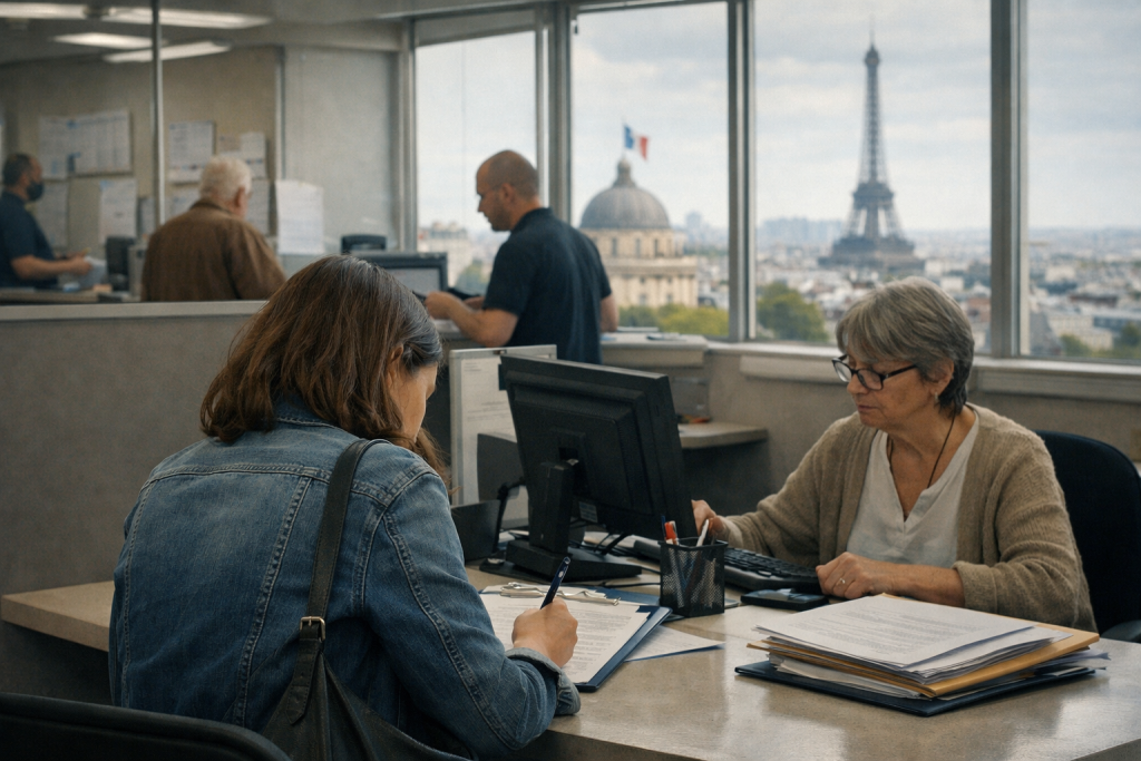 Guichet administratif avec une agente assise derrière un ordinateur recevant une usagère en train de remplir des documents, dans un bureau lumineux avec vue urbaine en arrière-plan.