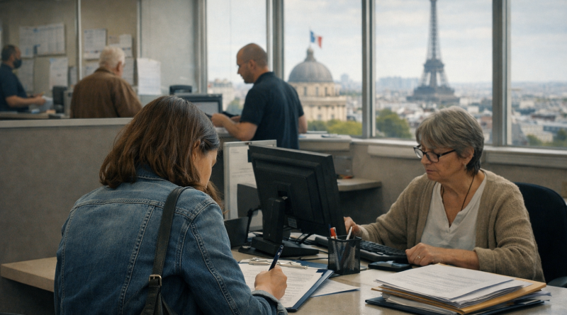 Guichet administratif avec une agente assise derrière un ordinateur recevant une usagère en train de remplir des documents, dans un bureau lumineux avec vue urbaine en arrière-plan.