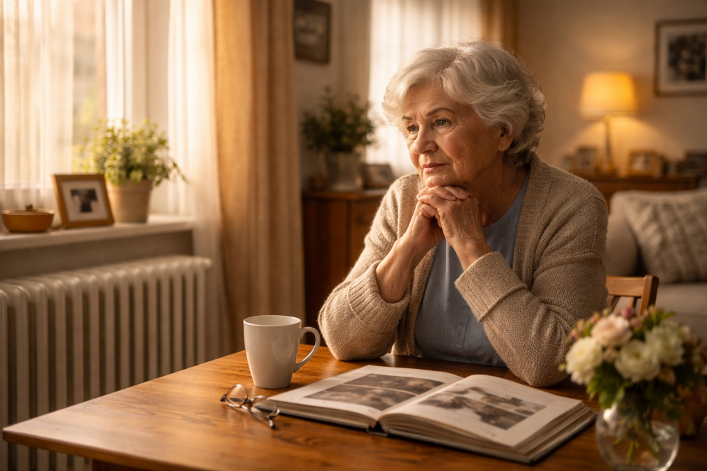 Femme âgée assise seule à une table dans un salon lumineux, regardant pensivement par la fenêtre, avec un album photo ouvert devant elle, dans une ambiance calme et introspective.