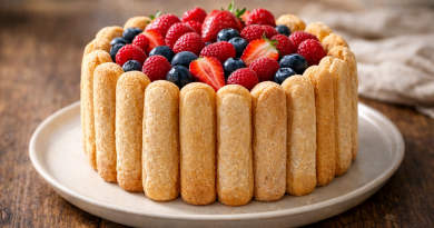Dessert rond de type charlotte, entouré de biscuits secs verticaux et garni de fruits rouges frais sur le dessus, posé sur une assiette claire en bois naturel.