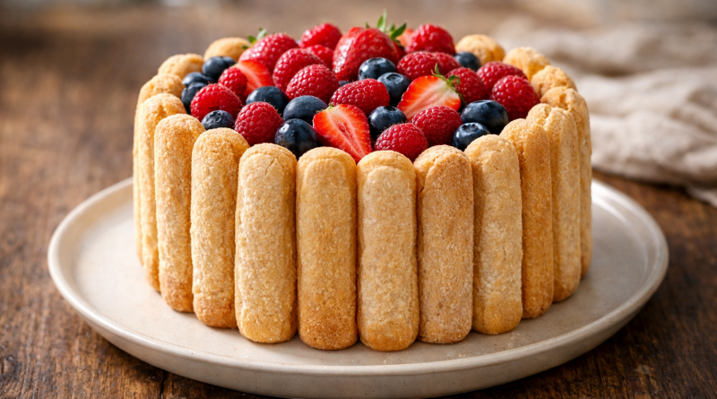 Dessert rond de type charlotte, entouré de biscuits secs verticaux et garni de fruits rouges frais sur le dessus, posé sur une assiette claire en bois naturel.