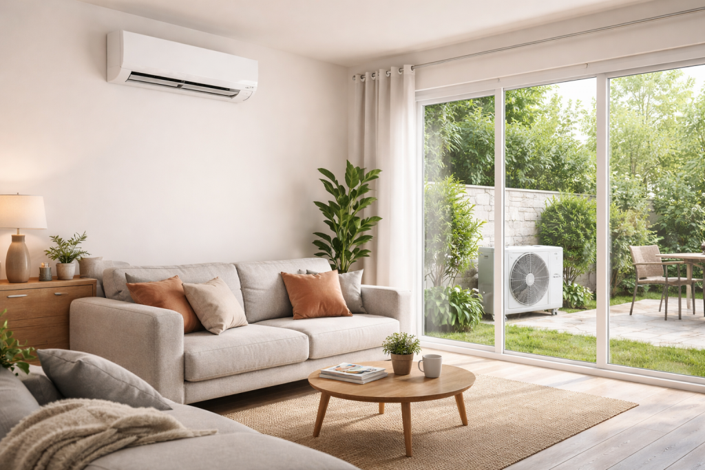 Intérieur d’un logement équipé d’une climatisation murale, illustrant l’utilisation d’un système réversible de chauffage et de rafraîchissement.