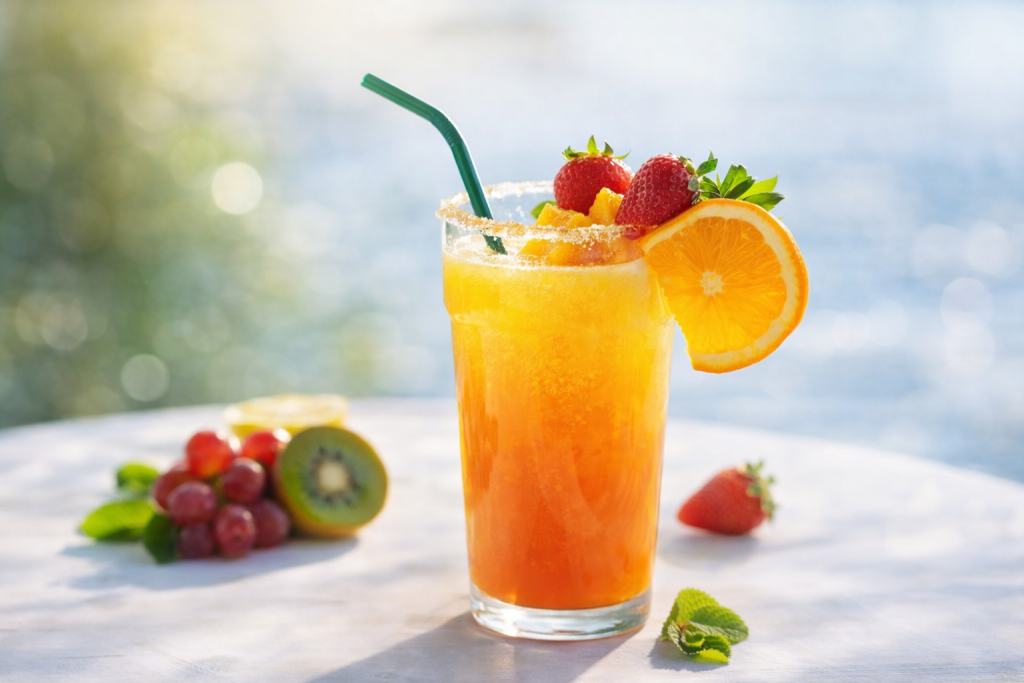 Verre de boisson fruitée sans alcool aux couleurs orangées, décoré de fraises fraîches, d’une tranche d’orange et de feuilles de menthe, posé sur une table en extérieur.