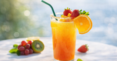 Verre de boisson fruitée sans alcool aux couleurs orangées, décoré de fraises fraîches, d’une tranche d’orange et de feuilles de menthe, posé sur une table en extérieur.