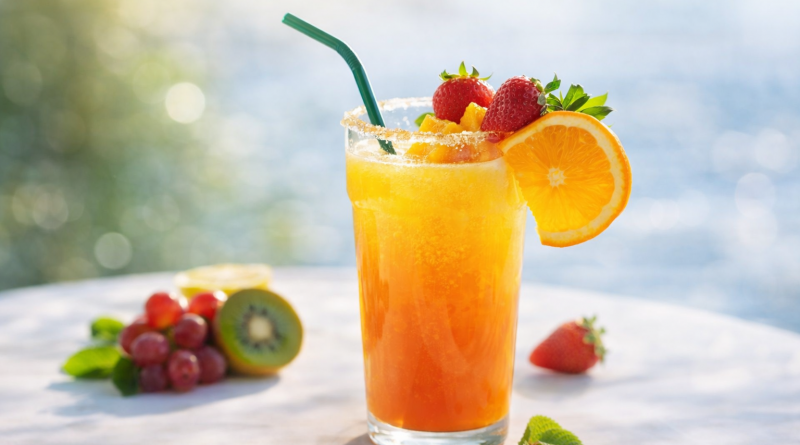 Verre de boisson fruitée sans alcool aux couleurs orangées, décoré de fraises fraîches, d’une tranche d’orange et de feuilles de menthe, posé sur une table en extérieur.