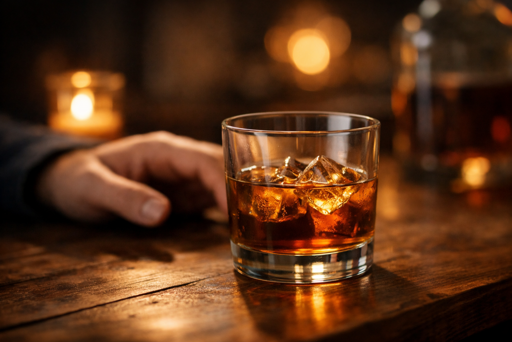 Un verre de boisson alcoolisée ambrée avec des glaçons posé sur une table en bois, une main reposant à proximité, ambiance tamisée et chaleureuse.
