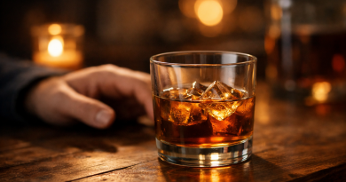 Un verre de boisson alcoolisée ambrée avec des glaçons posé sur une table en bois, une main reposant à proximité, ambiance tamisée et chaleureuse.