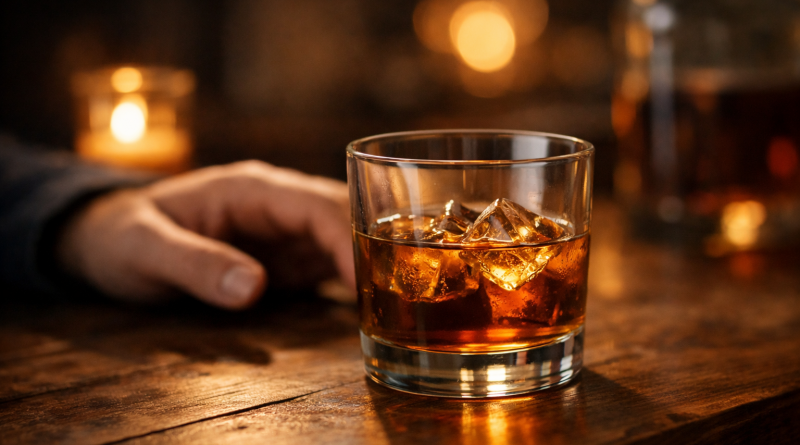Un verre de boisson alcoolisée ambrée avec des glaçons posé sur une table en bois, une main reposant à proximité, ambiance tamisée et chaleureuse.