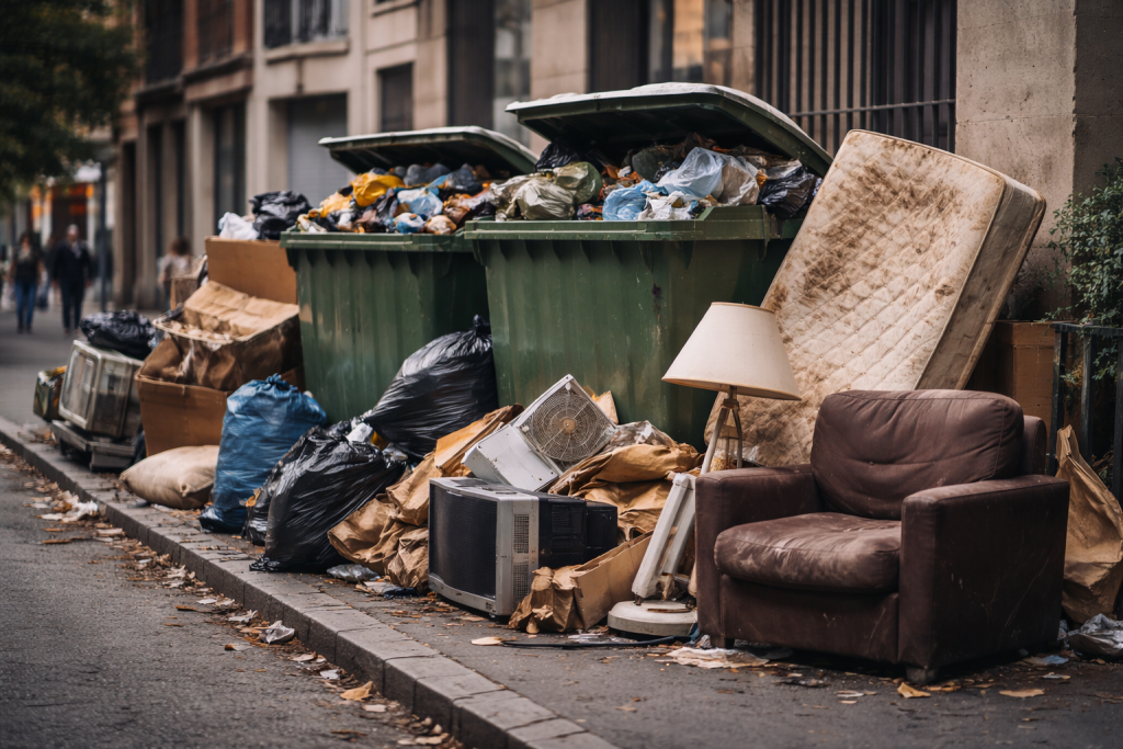 Poubelles débordantes alignées sur un trottoir urbain, entourées d’encombrants volumineux comme des meubles usés, un matelas sale, une lampe cassée et divers déchets, illustrant l’accumulation et la pénibilité du ramassage.