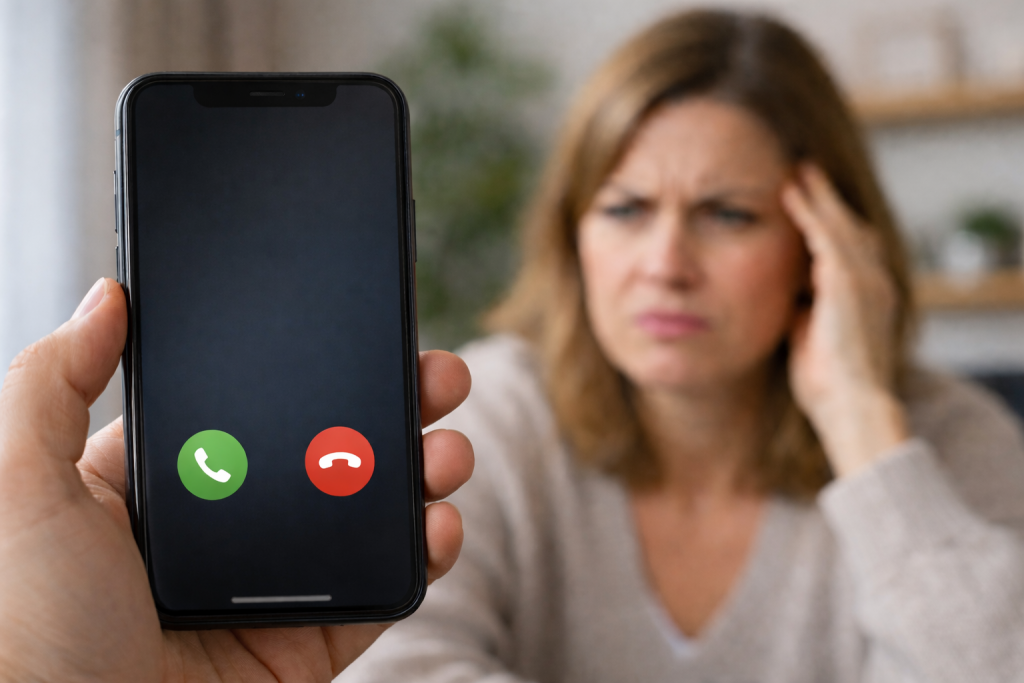Smartphone affichant un appel entrant inconnu, tenu par une personne visiblement agacée dans un environnement domestique.