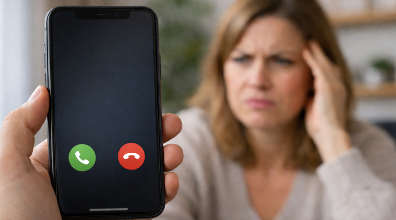 Smartphone affichant un appel entrant inconnu, tenu par une personne visiblement agacée dans un environnement domestique.