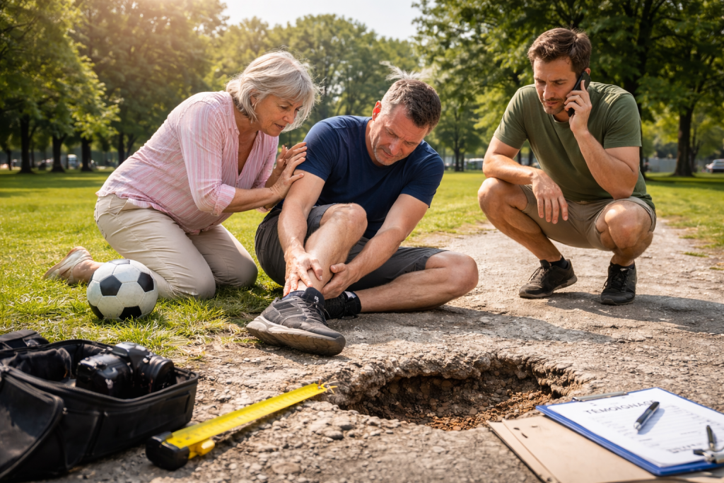 Personnes portant assistance à un homme blessé après une chute sur un chemin public endommagé dans un parc.