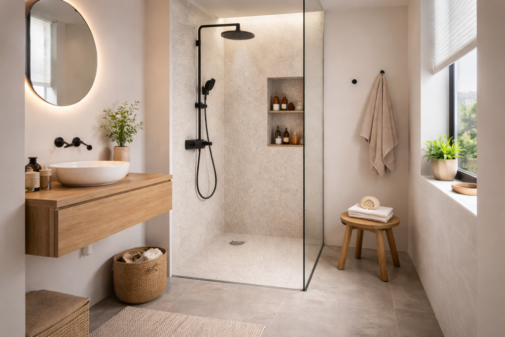 Petite salle de bain moderne avec une douche ouverte sans porte, paroi en verre discrète, murs clairs effet minéral, mobilier suspendu en bois et aménagement optimisé pour gagner de l’espace.