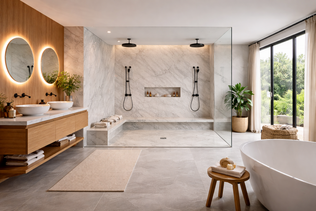 Très grande salle de bain luxueuse avec une vaste douche ouverte sans porte, murs en pierre claire, double colonne de douche, paroi en verre minimaliste et espace généreux baigné de lumière naturelle.