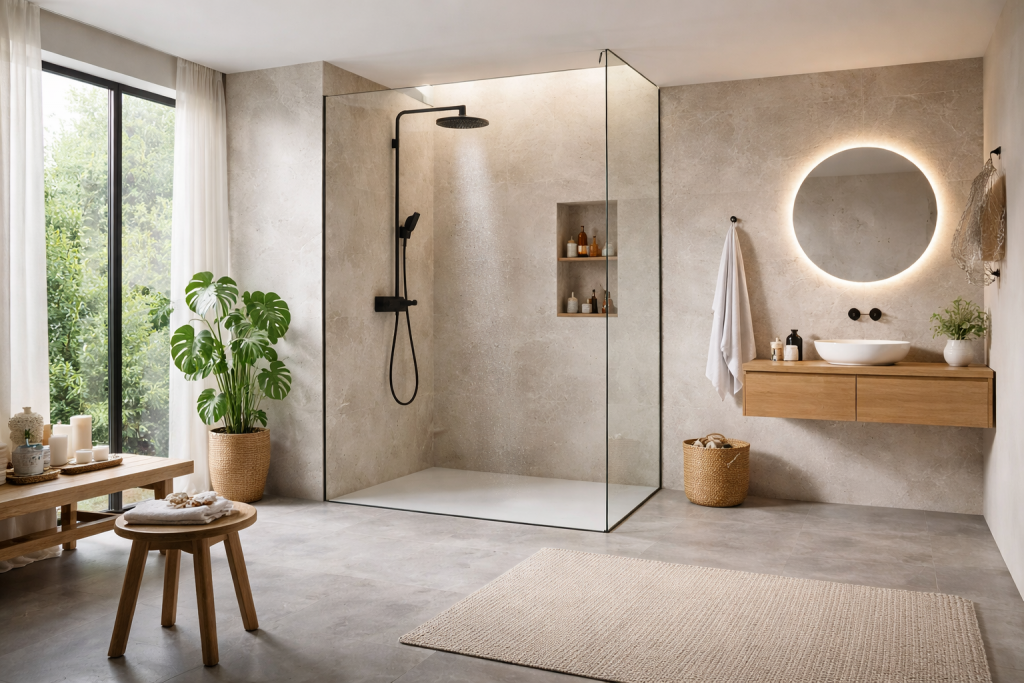Salle de bain lumineuse avec une douche ouverte sans porte, paroi en verre transparent, murs clairs effet pierre, mobilier en bois naturel et ambiance apaisante inspirée du style spa.