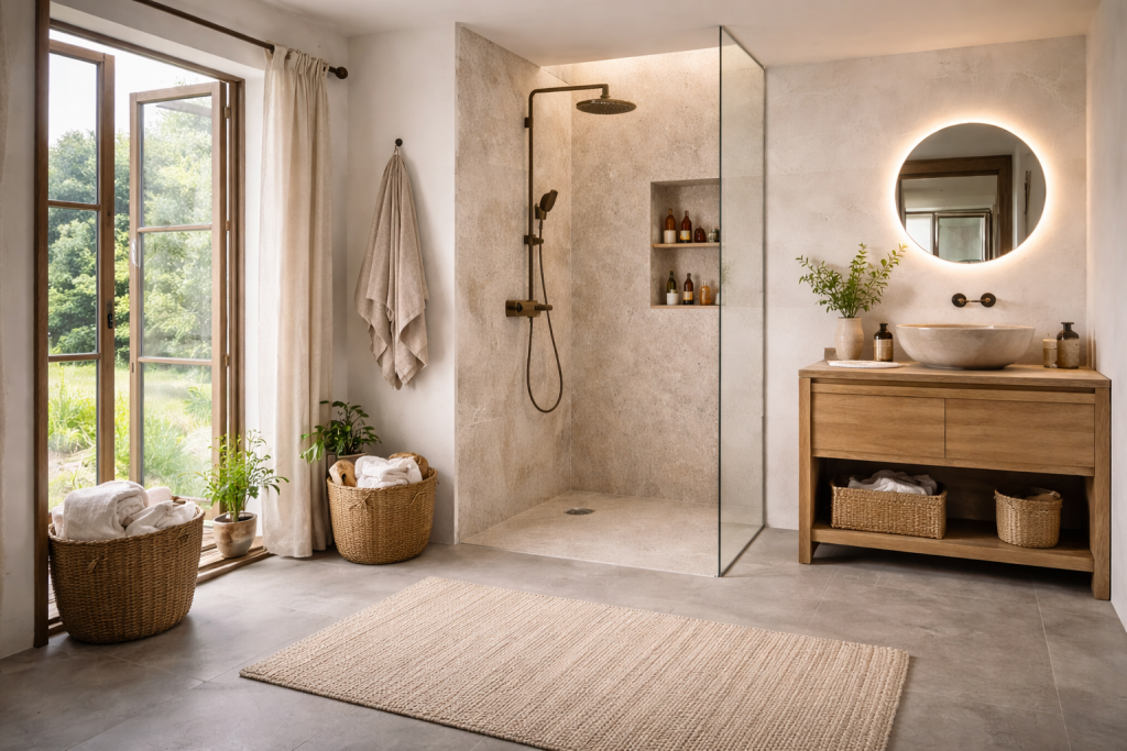 Salle de bain lumineuse dans une maison de campagne avec une douche ouverte sans porte, murs en pierre claire, mobilier en bois naturel, paniers en fibres végétales et ambiance chaleureuse et authentique.