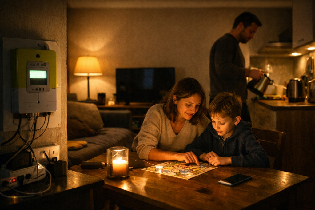 Intérieur d’un logement français en soirée, éclairage réduit et appareils électriques éteints, illustrant une baisse volontaire de la consommation d’électricité.