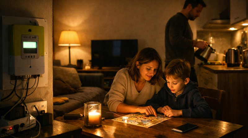 Intérieur d’un logement français en soirée, éclairage réduit et appareils électriques éteints, illustrant une baisse volontaire de la consommation d’électricité.
