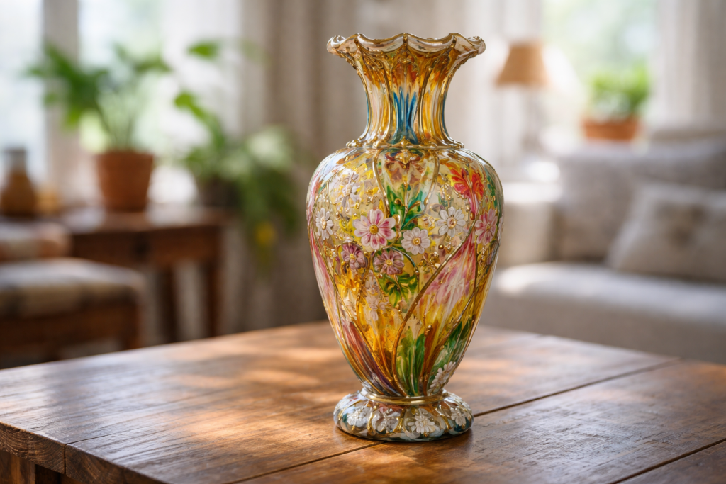 Vase ancien en verre coloré posé sur une table en bois, aux motifs floraux délicats, éclairé par une lumière naturelle dans un intérieur chaleureux.