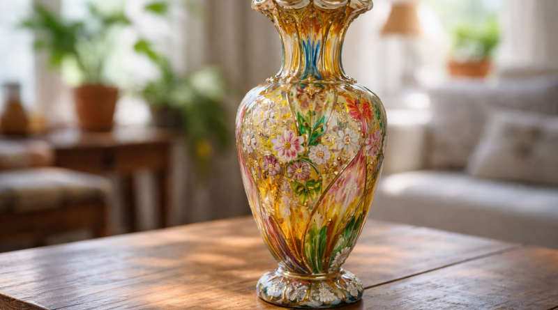 Vase ancien en verre coloré posé sur une table en bois, aux motifs floraux délicats, éclairé par une lumière naturelle dans un intérieur chaleureux.