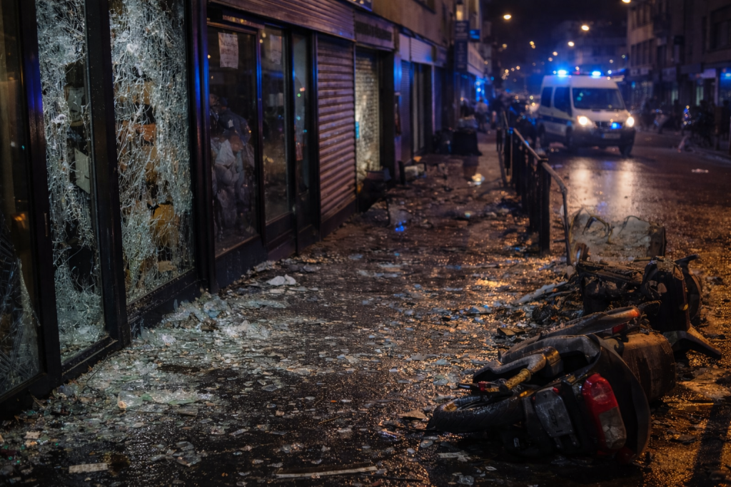 Dégradations urbaines visibles après des violences collectives, vitrines détruites et traces de chaos en centre-ville.