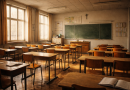 Salle de classe ancienne et vide, avec rangées de bureaux en bois, tableau noir au fond, lumière naturelle entrant par de grandes fenêtres et ambiance scolaire silencieuse.