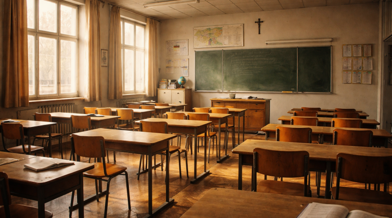 Salle de classe ancienne et vide, avec rangées de bureaux en bois, tableau noir au fond, lumière naturelle entrant par de grandes fenêtres et ambiance scolaire silencieuse.