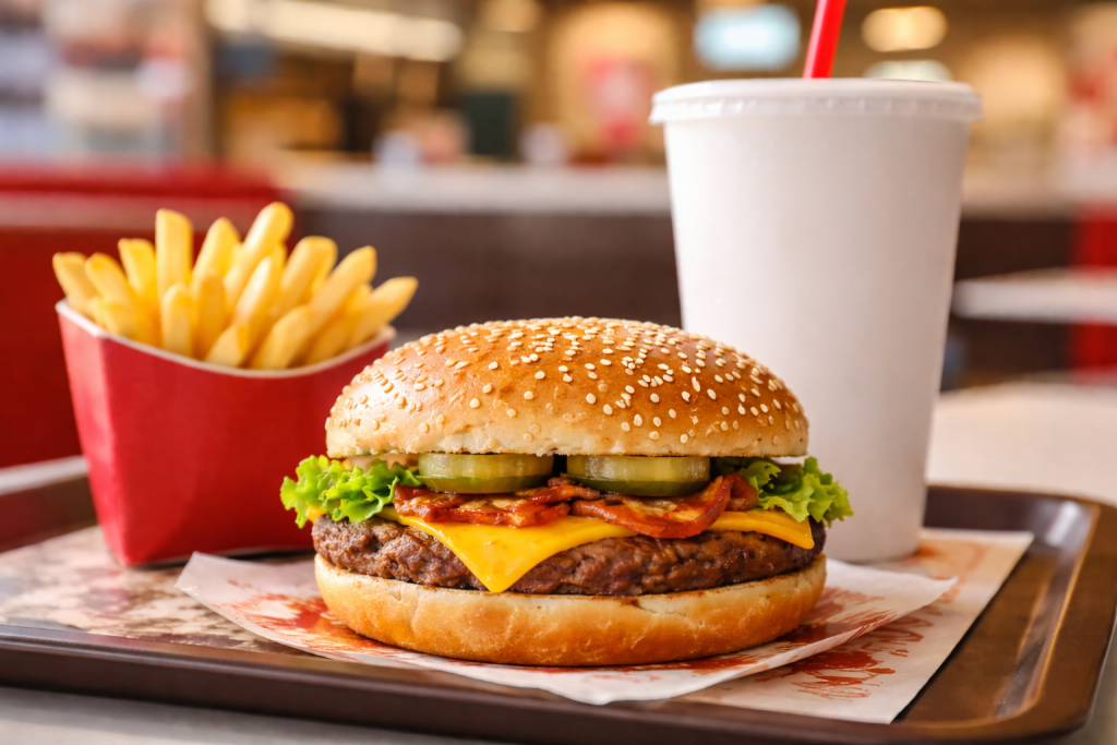 Plateau de restauration rapide avec un hamburger, des frites et une boisson, servis dans un restaurant, sans logo ni marque visible.