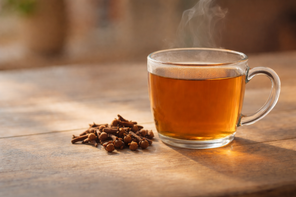 Tasse en verre remplie d’une infusion ambrée fumante, posée sur une table en bois, avec des clous de girofle entiers déposés à côté.