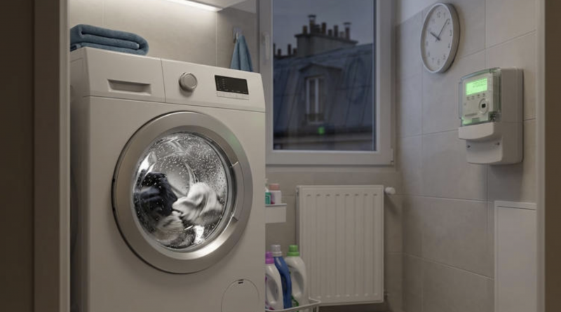 Machine à laver en fonctionnement dans une petite buanderie, avec du linge en cours de lavage, un compteur électrique mural visible et une fenêtre donnant sur des toits urbains, illustrant la consommation énergétique domestique.