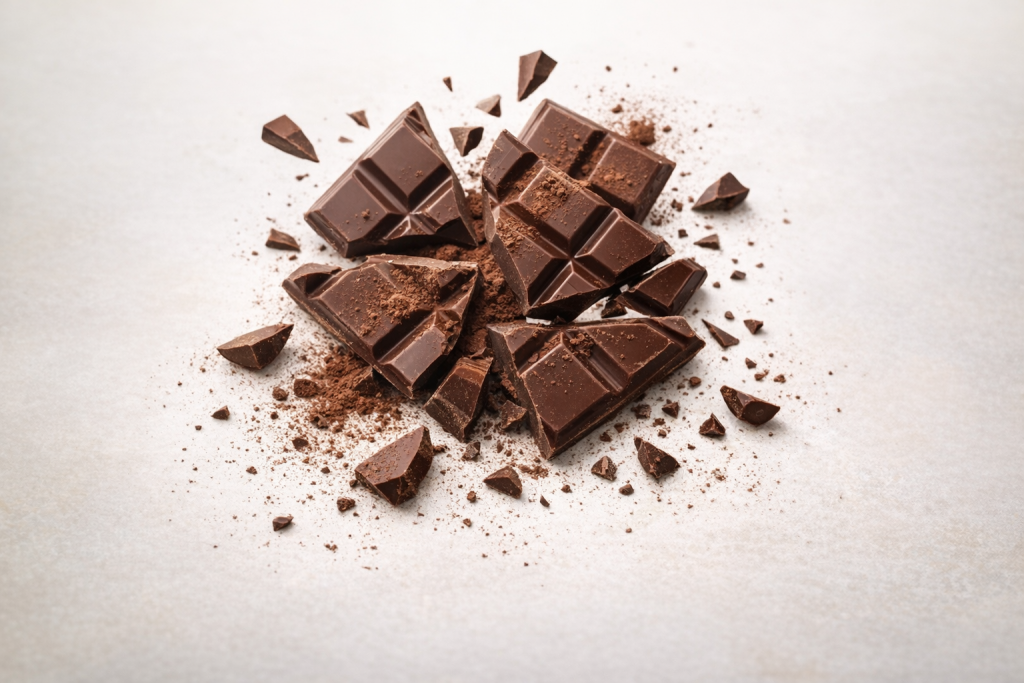 Morceaux de chocolat noir cassés et émiettés, posés sur une surface claire, avec des éclats et de la poudre de cacao autour.