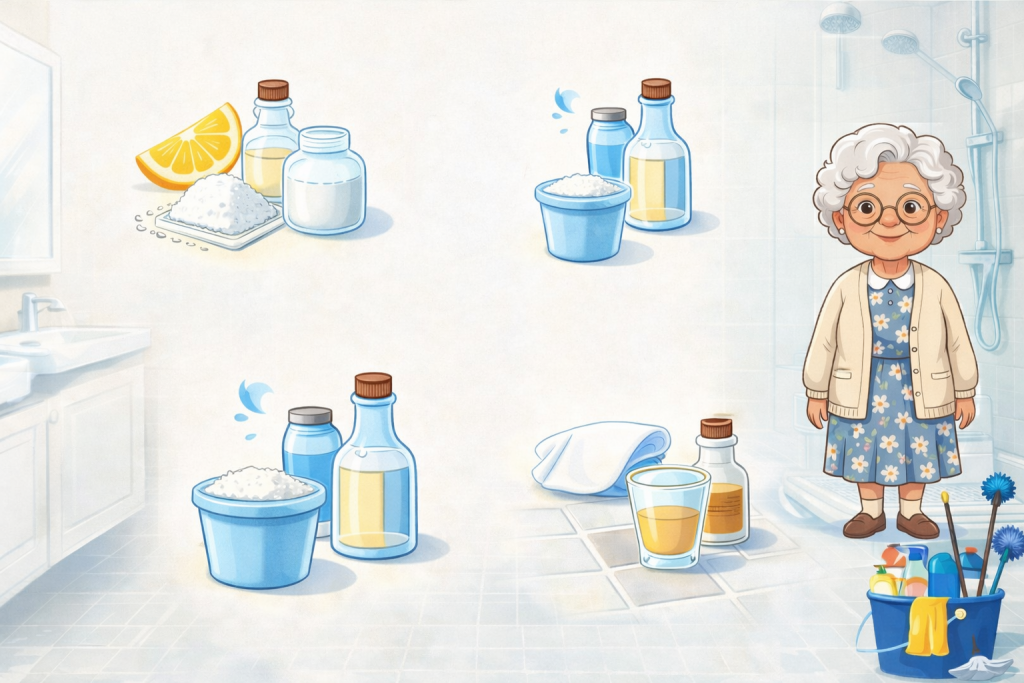 Illustration douce montrant une personne âgée souriante dans une salle de bain, entourée de produits ménagers naturels comme du vinaigre, du bicarbonate, du citron, de l’eau et des accessoires de nettoyage.